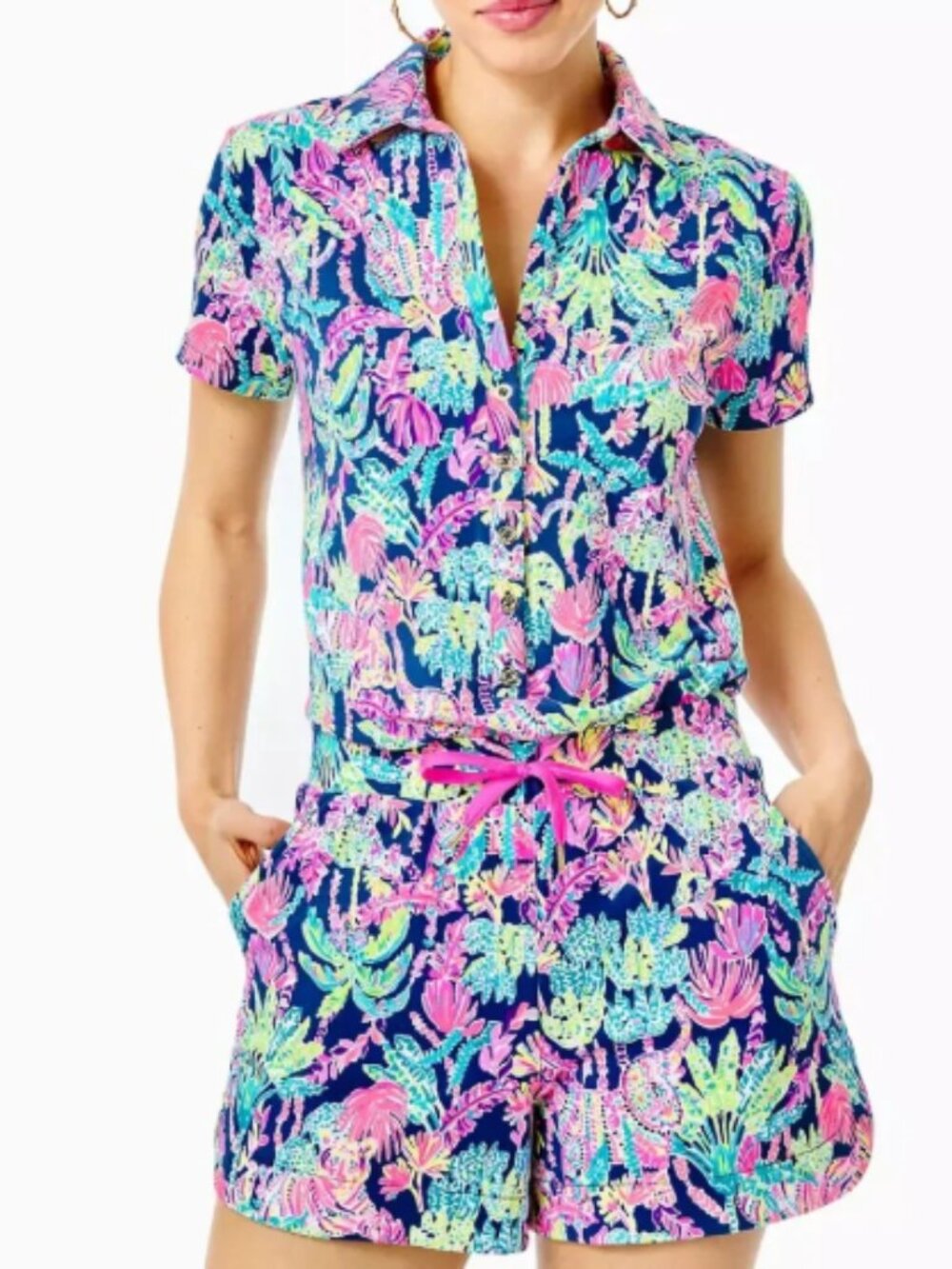 Lilly Pulitzer Jorgie Romper Floral Tropical Print Cotton Modal L XL